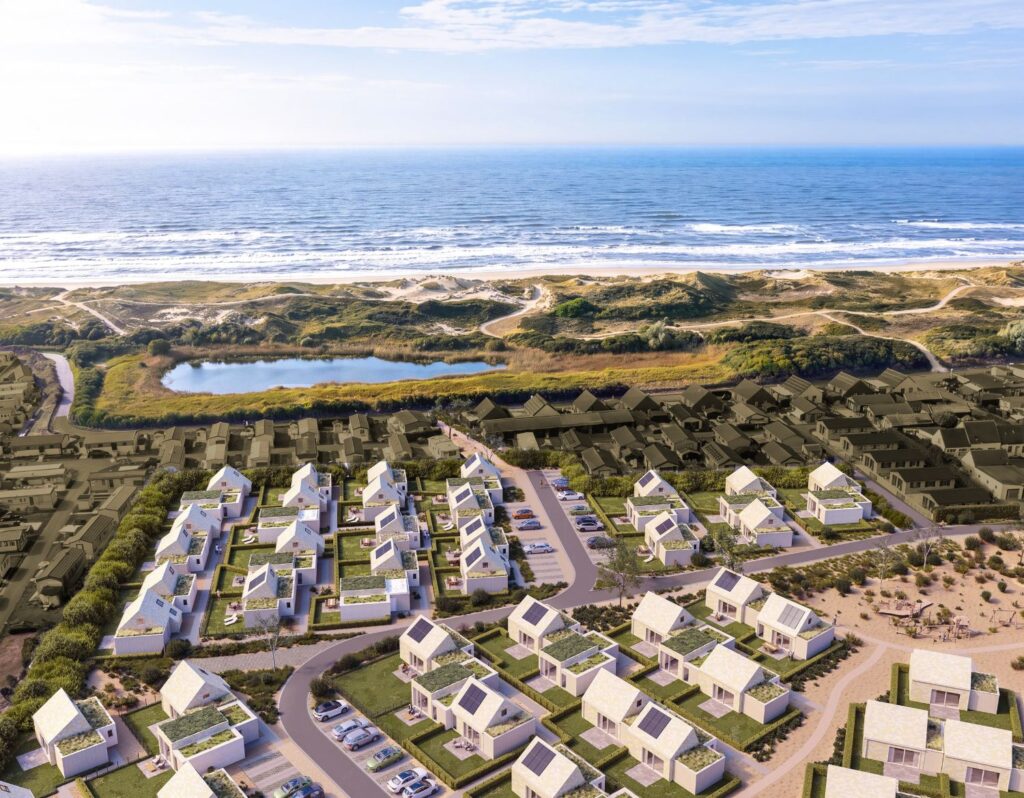 Luchtbeeld van Mid's Park in Middelkerke, vakantiewoningen op 50 meter van de zee
